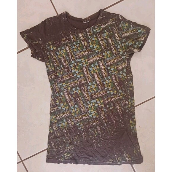 O'Neill Shirt Women’s Medium Brown Logo Graphic AOP Surf Y2K Grunge Fade Heart - Picture 1 of 4